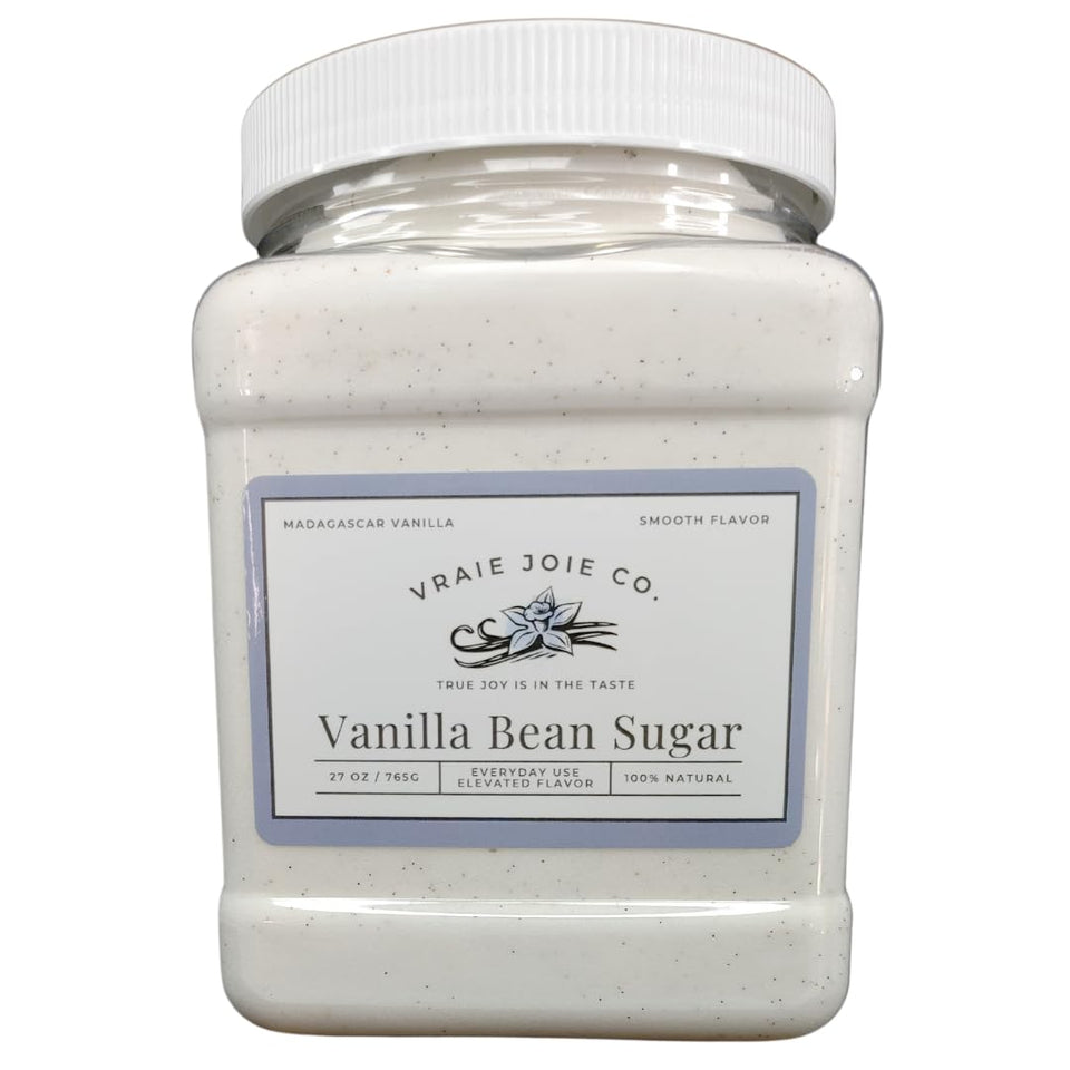 Vraie Joie Co vanilla sugar jar top view, premium packaging for easy scooping and freshness.