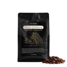 VUNJO Wild Kopi Luwak coffee beans in package highlighting premium sourcing.