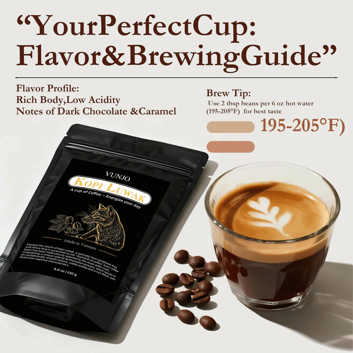 VUNJO Wild Kopi Luwak packaging shows a secure 8.8 oz bag for freshness.