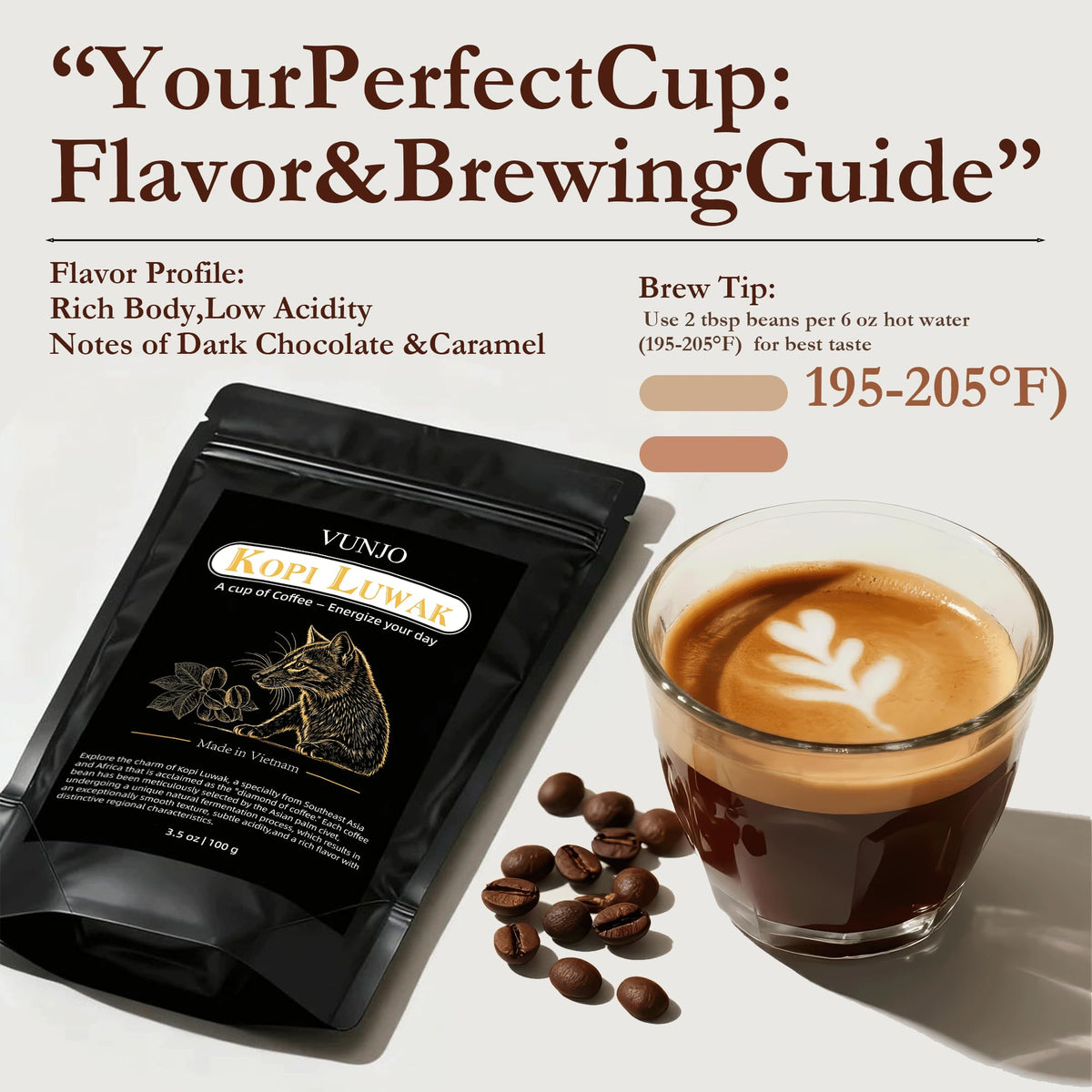 VUNJO Wild Kopi Luwak medium-roast beans indicate balanced flavor and smooth finish.