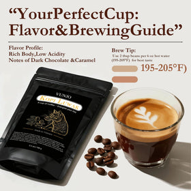 VUNJO Wild Kopi Luwak medium-roast beans indicate balanced flavor and smooth finish.