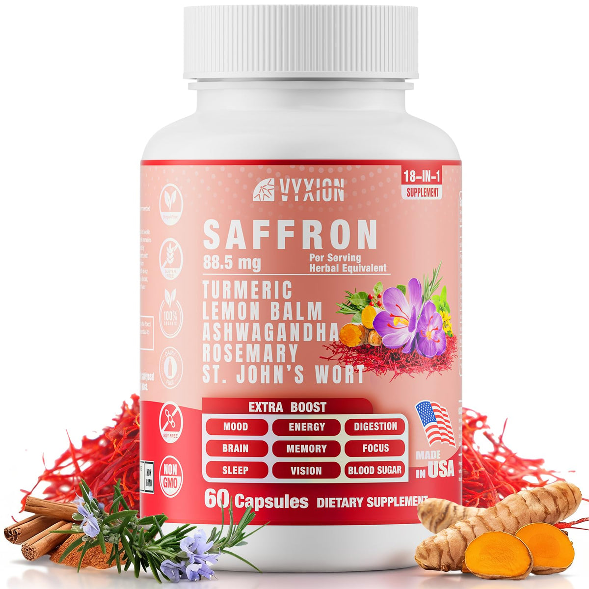 Vyxion Sargol saffron extract bottle supports mood and focus.