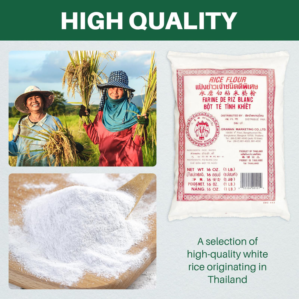 W&E Mart Thai rice flour close-up shows a fine, white powder ideal for batters.