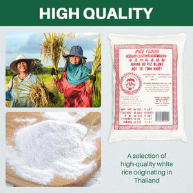 W&E Mart Thai rice flour close-up shows a fine, white powder ideal for batters.