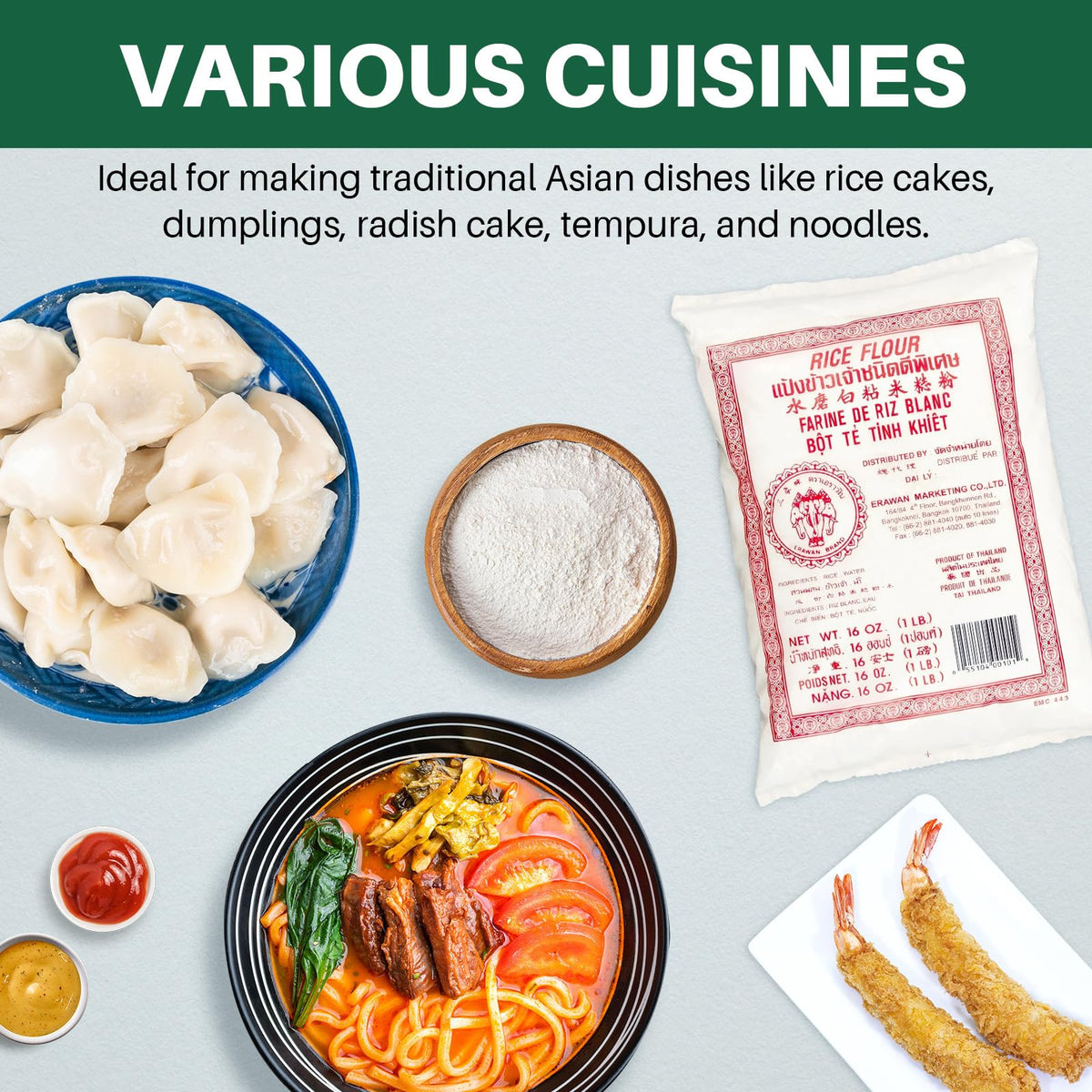 W&E Mart Thai rice flour cooking ideas featuring soups, sauces, and pastries.