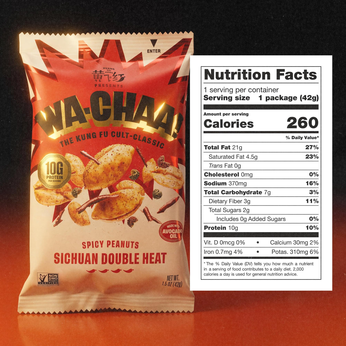 WA-CHAA! Spicy Sichuan peanuts ingredients with avocado oil detail for a clean snacking option