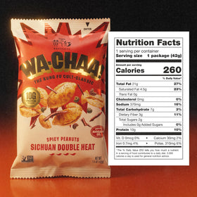 WA-CHAA! Spicy Sichuan peanuts ingredients with avocado oil detail for a clean snacking option