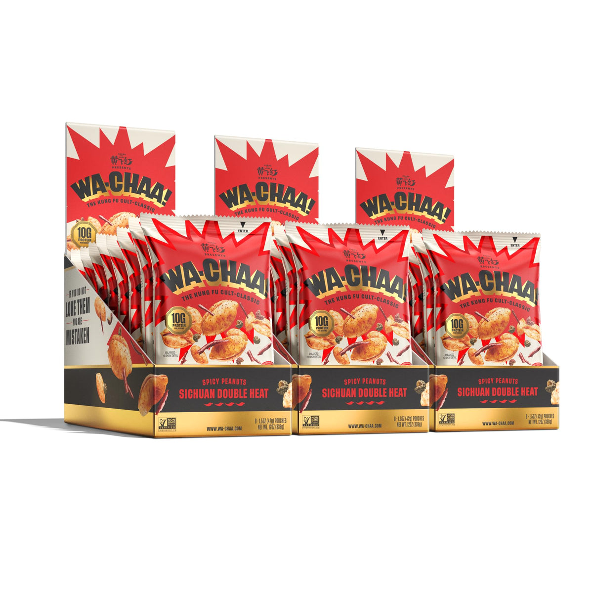 WA-CHAA! Spicy Sichuan peanuts pack shot for on-the-go snacking and protein