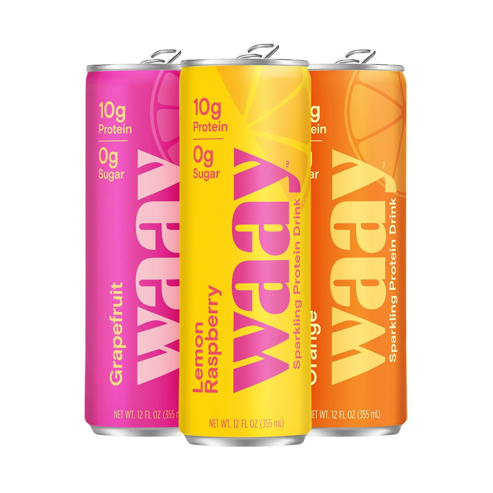 Waay Sparkling Clear Protein Drink can front showing bold branding and post-workout protein boost.