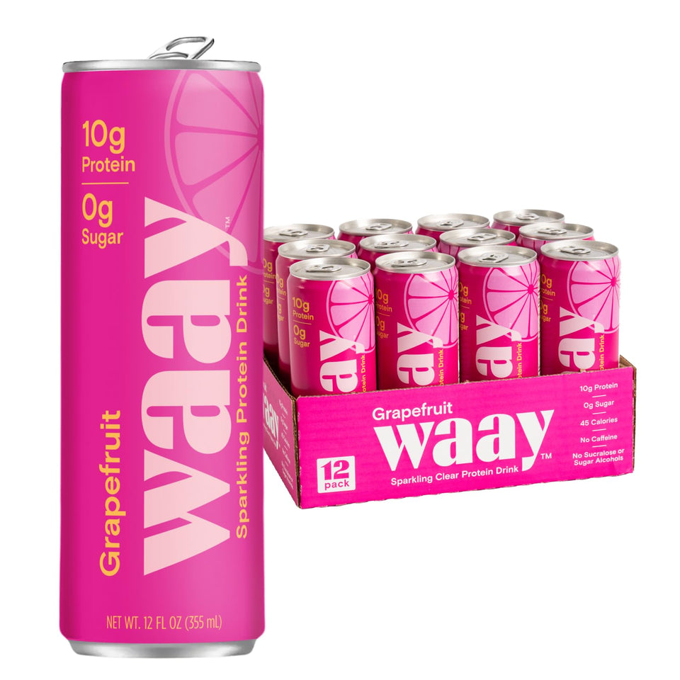 Waay Grapefruit Sparkling Protein Drink can front view shows 10g protein and 0g sugar