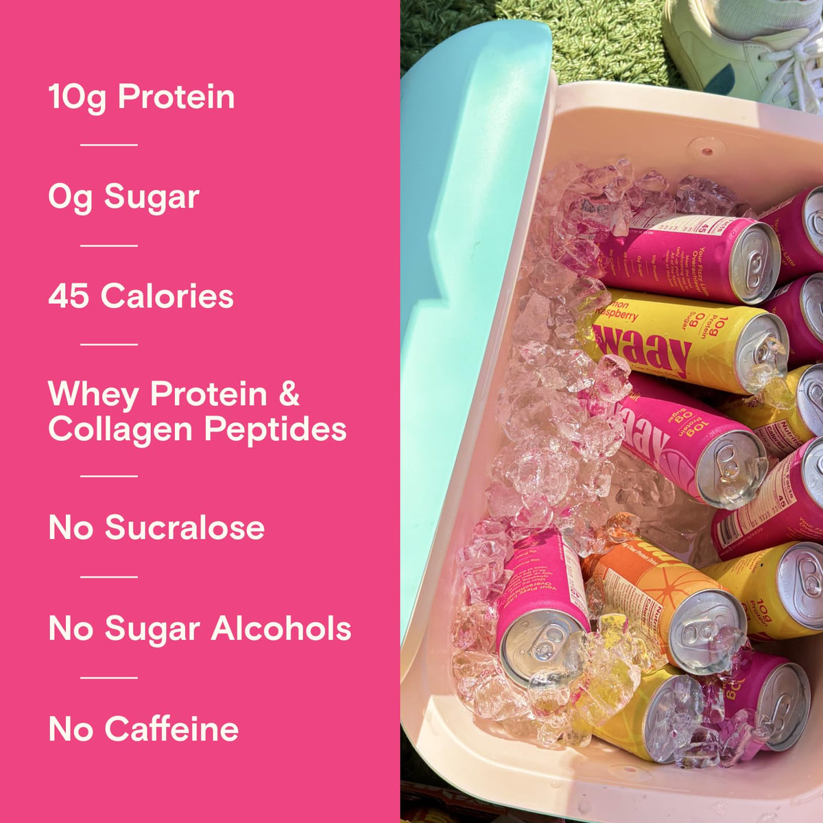 Waay Sparkling protein drink label detail highlighting clean ingredients and no artificial sweeteners