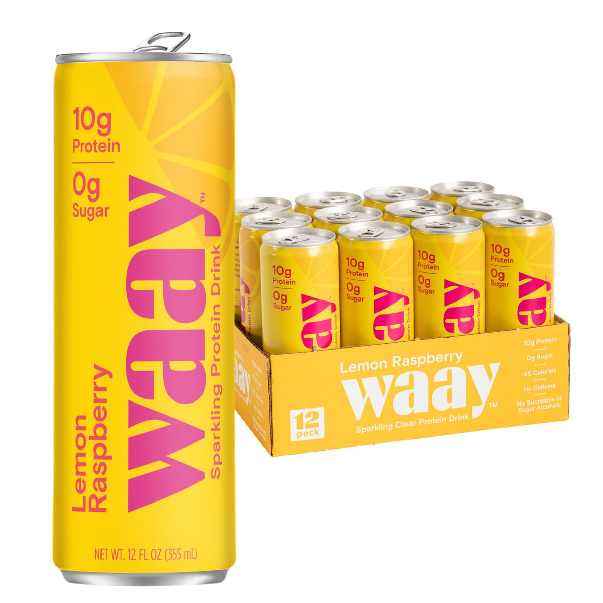 Waay Sparkling Protein Drink Lemon Raspberry can close-up with bright bubbles and protein boost