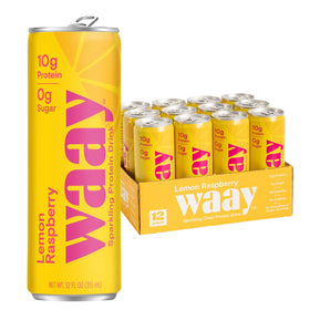 Waay Sparkling Protein Drink Lemon Raspberry can close-up with bright bubbles and protein boost