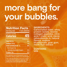 Waay Sparkling Orange Can, side view, 10g protein and zero sugar