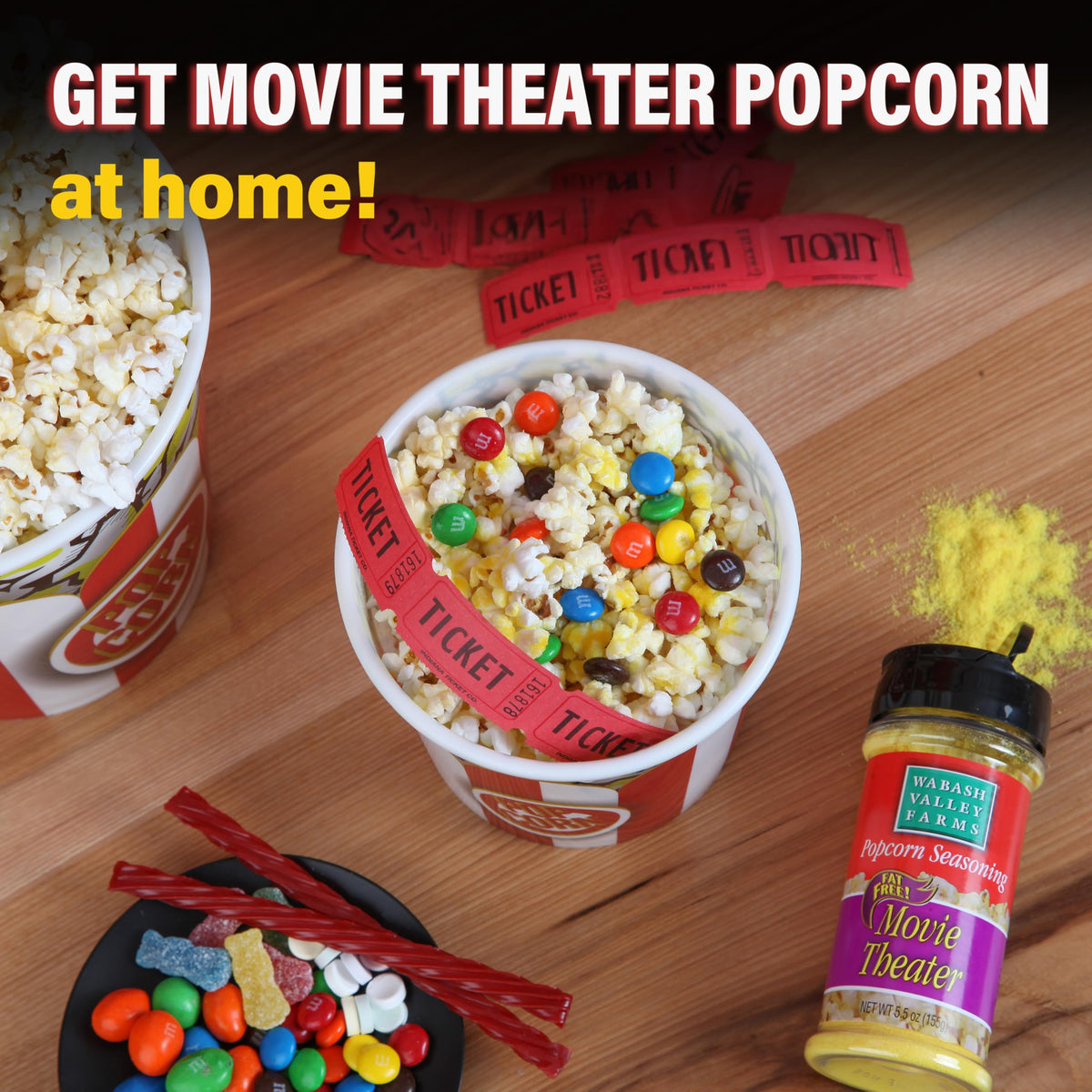 Wabash Valley Farms popcorn seasoning poured on popcorn for vibrant, delicious taste