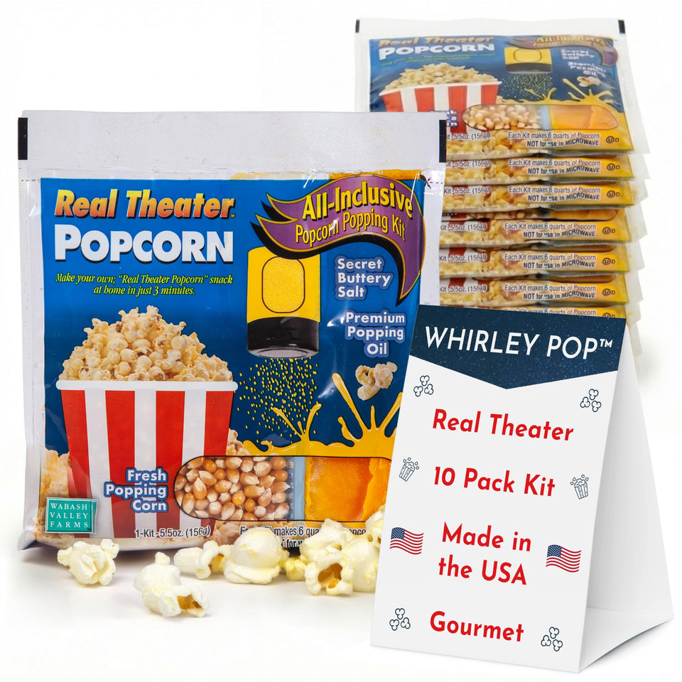 Wabash Valley Farms Theater Popcorn Kits packaging shows pre-measured portions for quick movie-night prep.