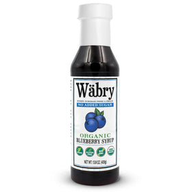 Wäbry Blueberry Syrup bottle front, highlighting no added sugar and natural fruit flavor.