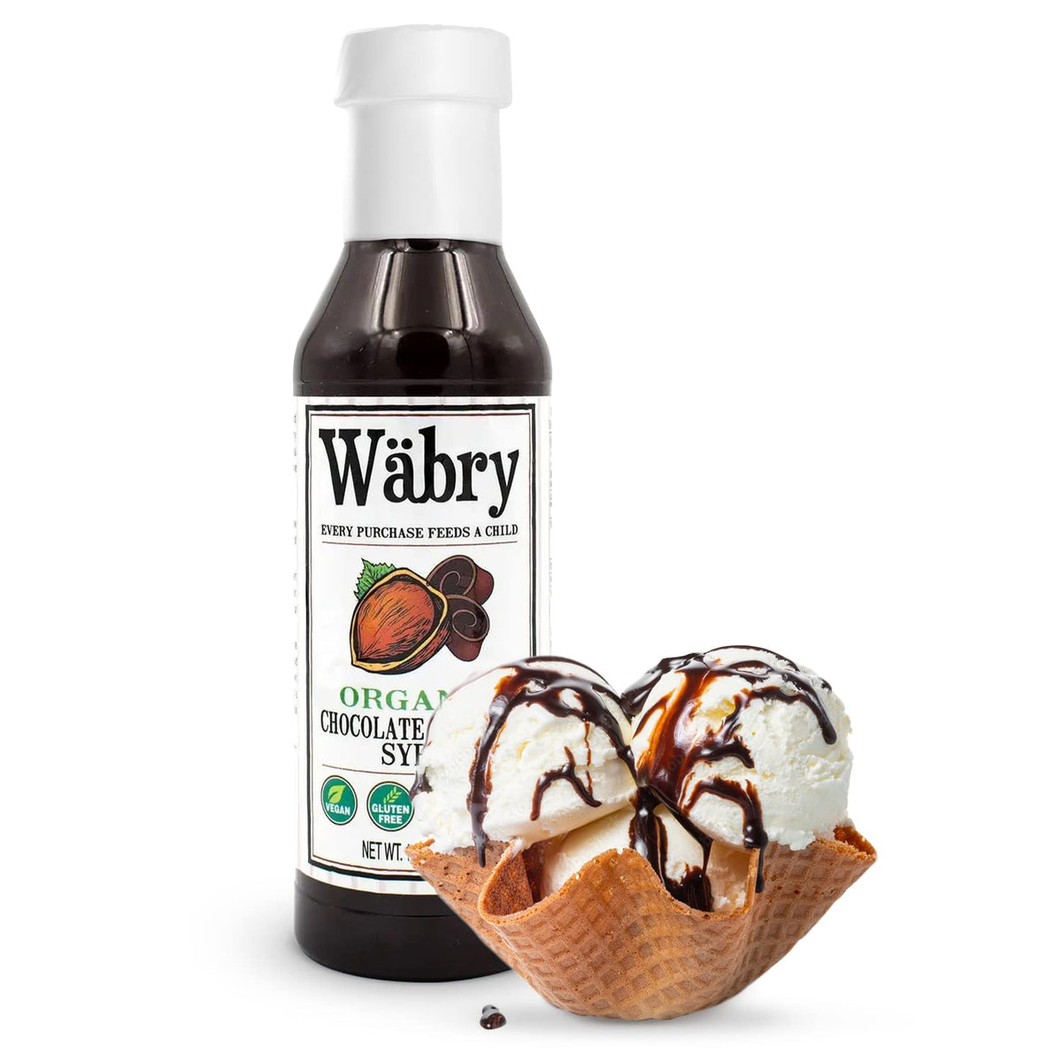 Wäbry Chocolate Hazelnut Syrup pouring over pancakes for a glossy finish.