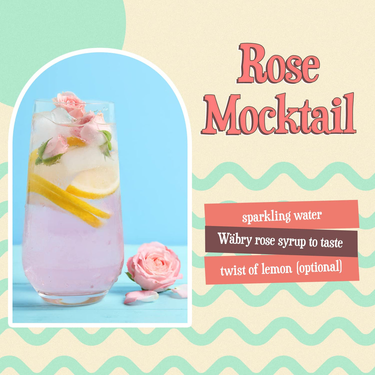 Wabry Organic Rose Syrup bottle back with ingredients and dye-free, non-GMO notes.
