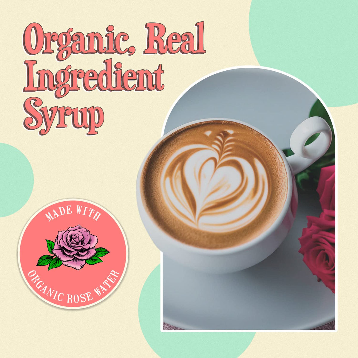 Wabry Organic Rose Syrup bottle label showing organic ingredients and vegan-friendly formulation.