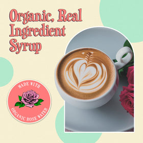 Wabry Organic Rose Syrup bottle label showing organic ingredients and vegan-friendly formulation.