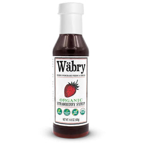 Wäbry Organic Strawberry Syrup bottle front, highlighting organic and non-GMO quality for healthier choices.
