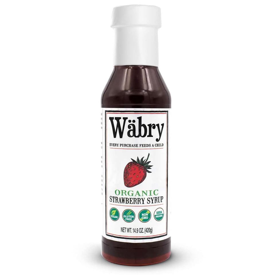 Wäbry Organic Strawberry Syrup bottle front, highlighting organic and non-GMO quality for healthier choices.