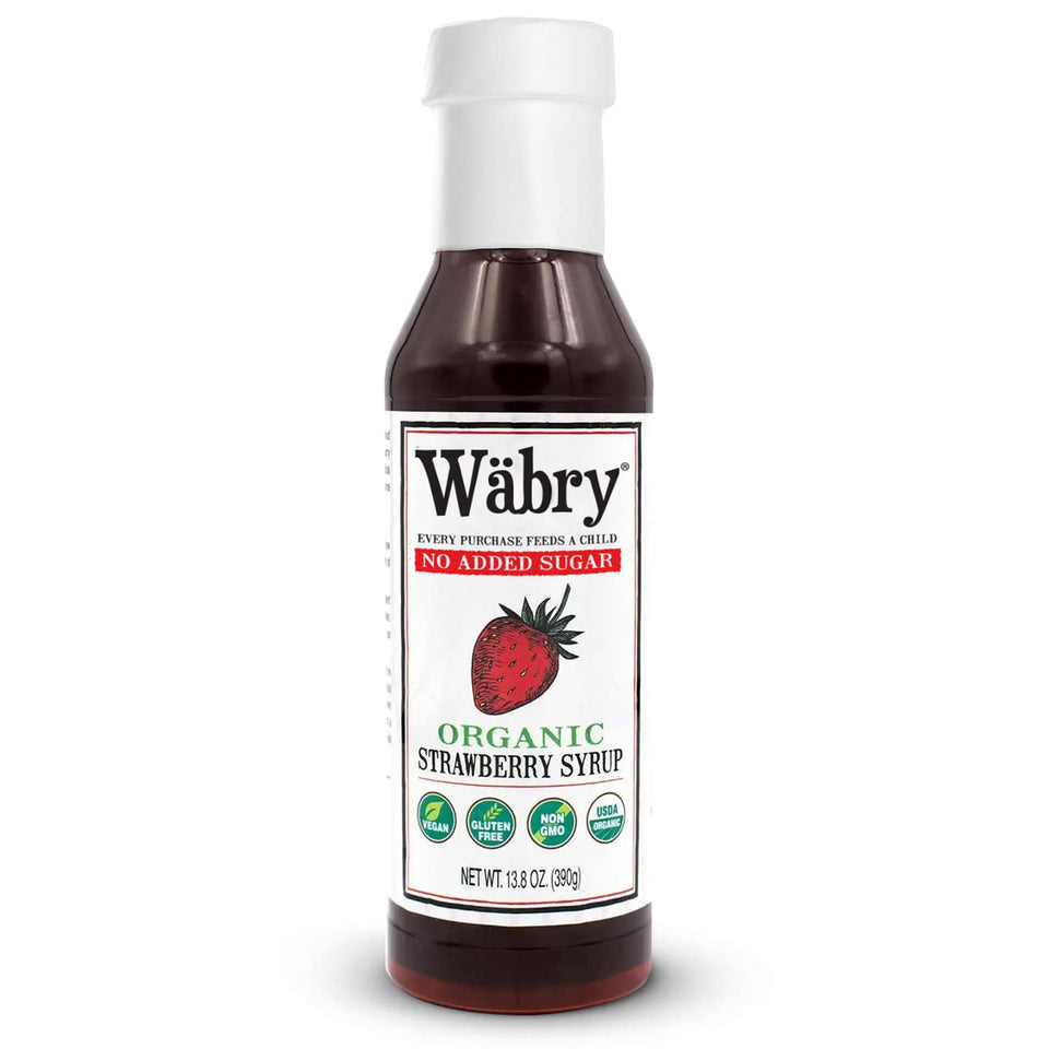 Wäbry Strawberry Syrup bottle shows organic, no added sugar formulation for drinks.