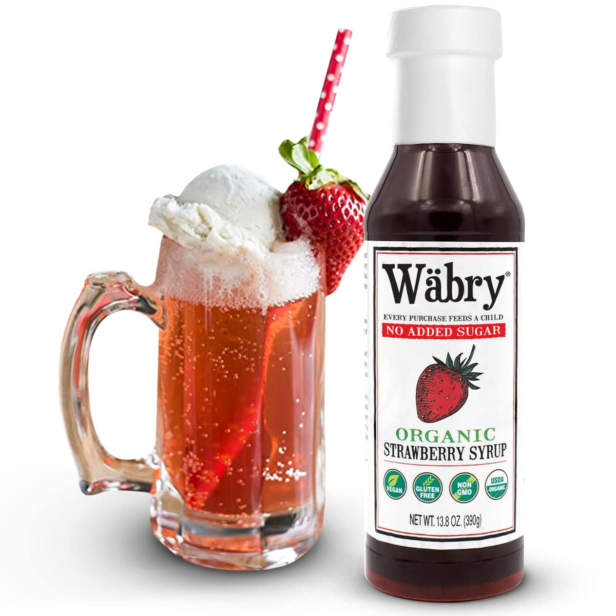 Wäbry Strawberry Syrup being poured, perfect for pancakes and desserts.