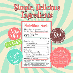 Wäbry Syrup bottle closeup highlights Non-GMO and dye-free formula.