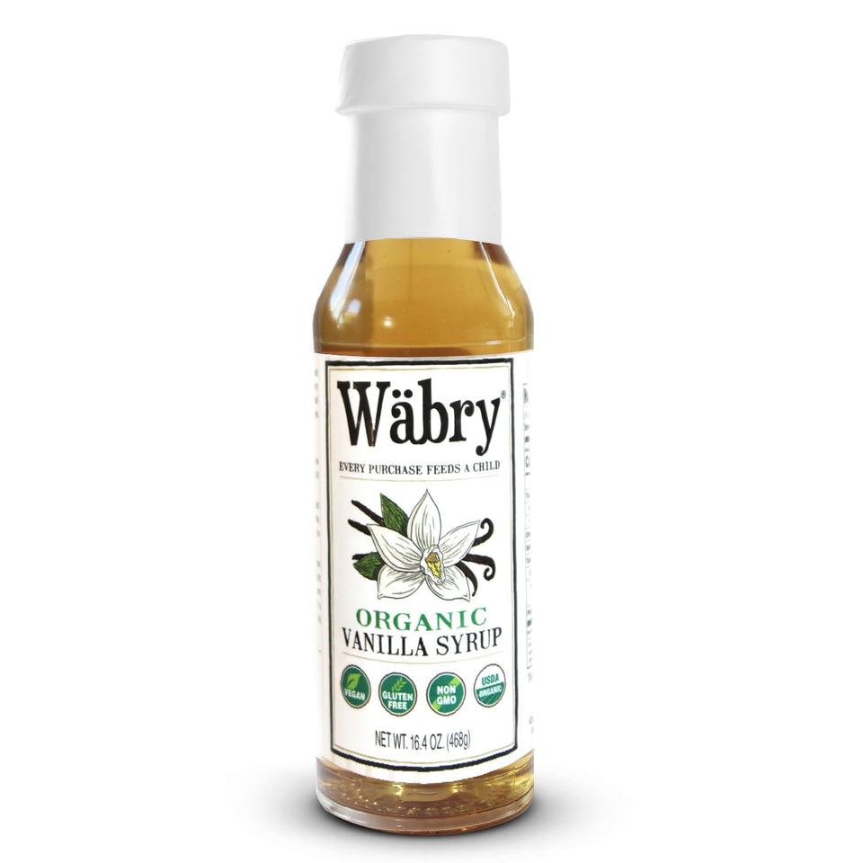Wäbry Vanilla Syrup bottle on a kitchen counter for coffee and desserts.