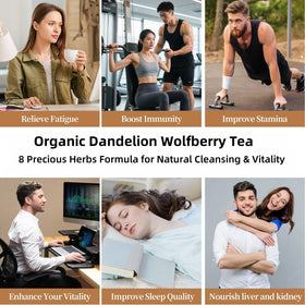 Wachinas dandelion-goji-chrysanthemum blend in a cup with steam.