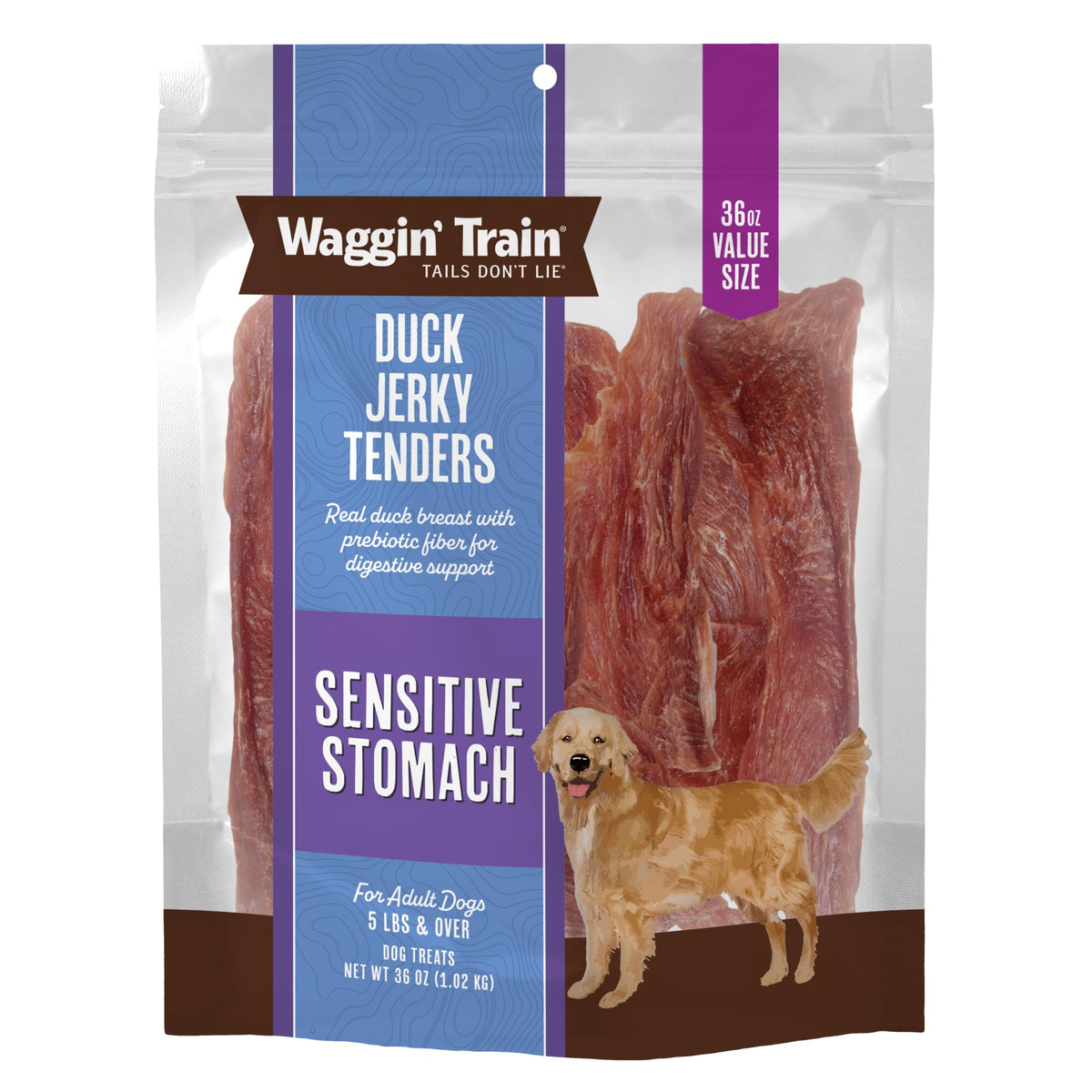 Waggin' Train duck jerky tenders bag showing real duck breast for protein-rich treats.