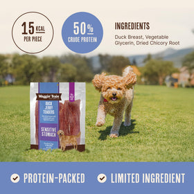 Waggin' Train duck jerky tenders batch close-up highlighting the three-ingredient formula.