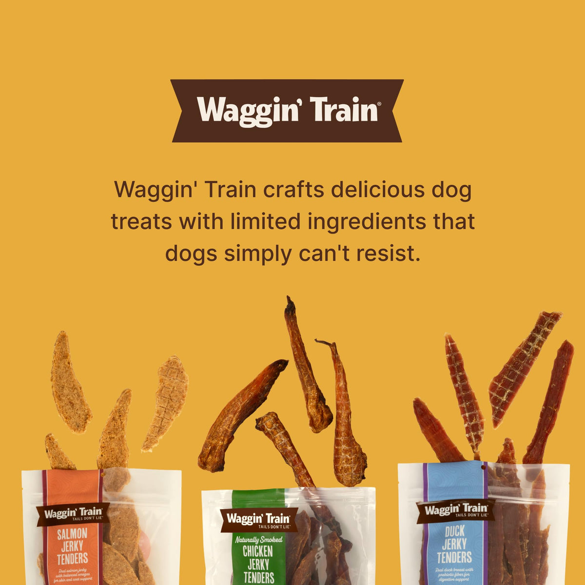 Waggin' Train duck jerky tenders dog enjoying treat demonstrates appeal.