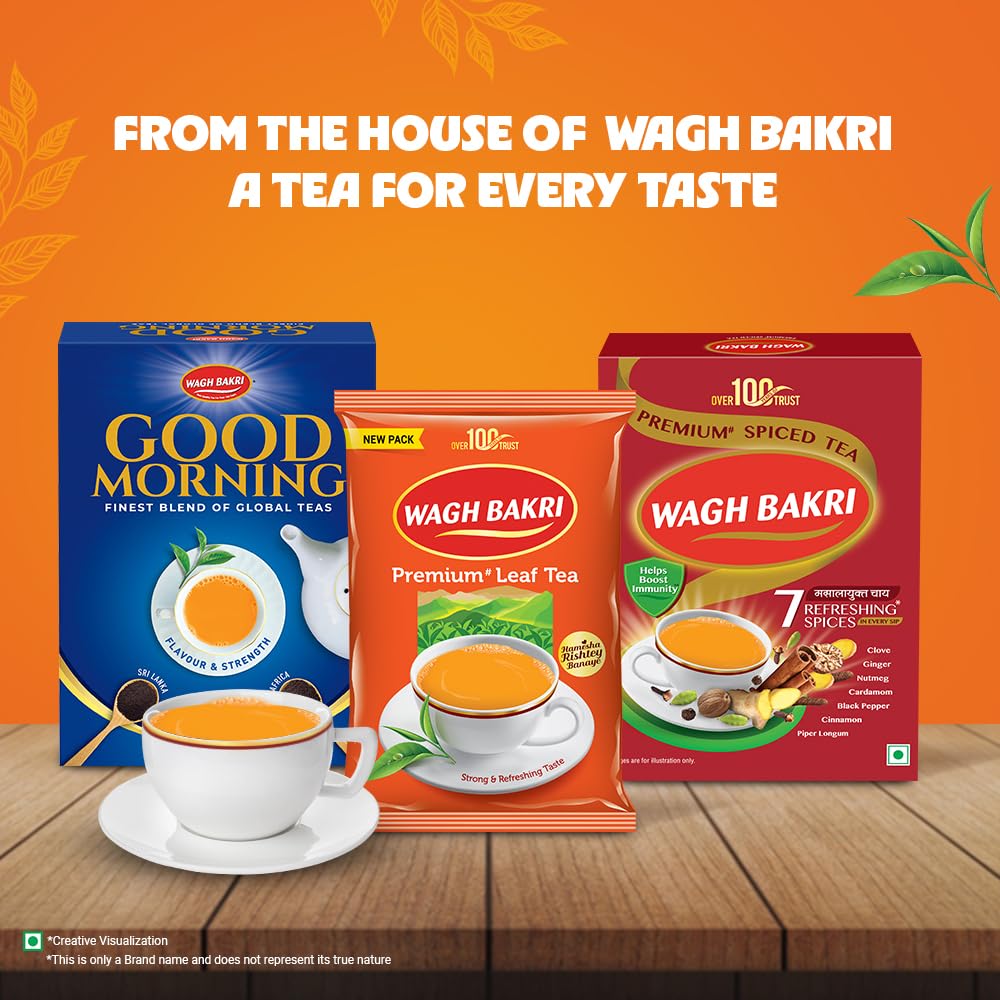 Wagh Bakri poly pack on kitchen shelf ready for daily rituals