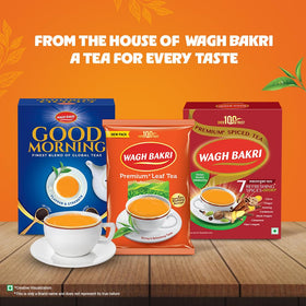 Wagh Bakri poly pack on kitchen shelf ready for daily rituals