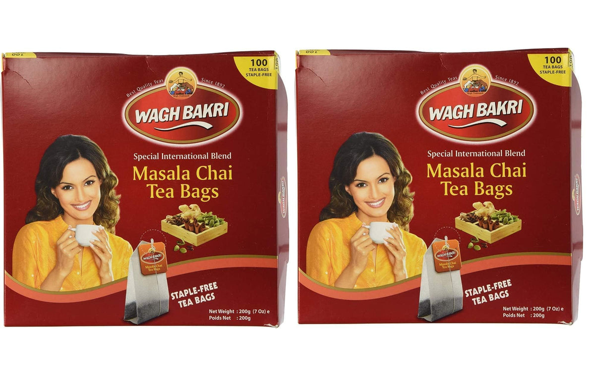 Wagh Bakri Masala Chai tea bags on the pack front signal premium spice blend.
