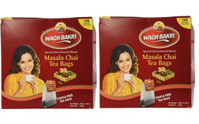 Wagh Bakri Masala Chai tea bags on the pack front signal premium spice blend.