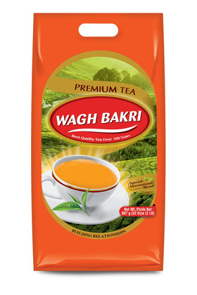 Wagh Bakri Premium Black Tea canister closeup highlighting premium leaves.