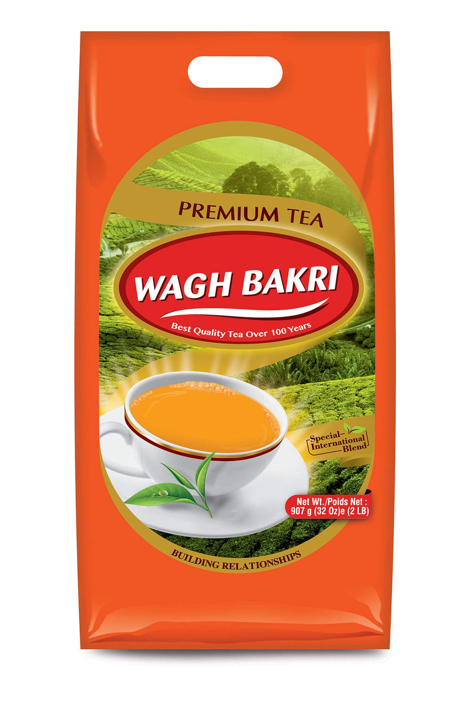 Wagh Bakri Premium Black Tea canister closeup highlighting premium leaves.