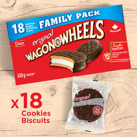 Wagon Wheels marshmallow chocolatey sandwich cookies with creamy centers.