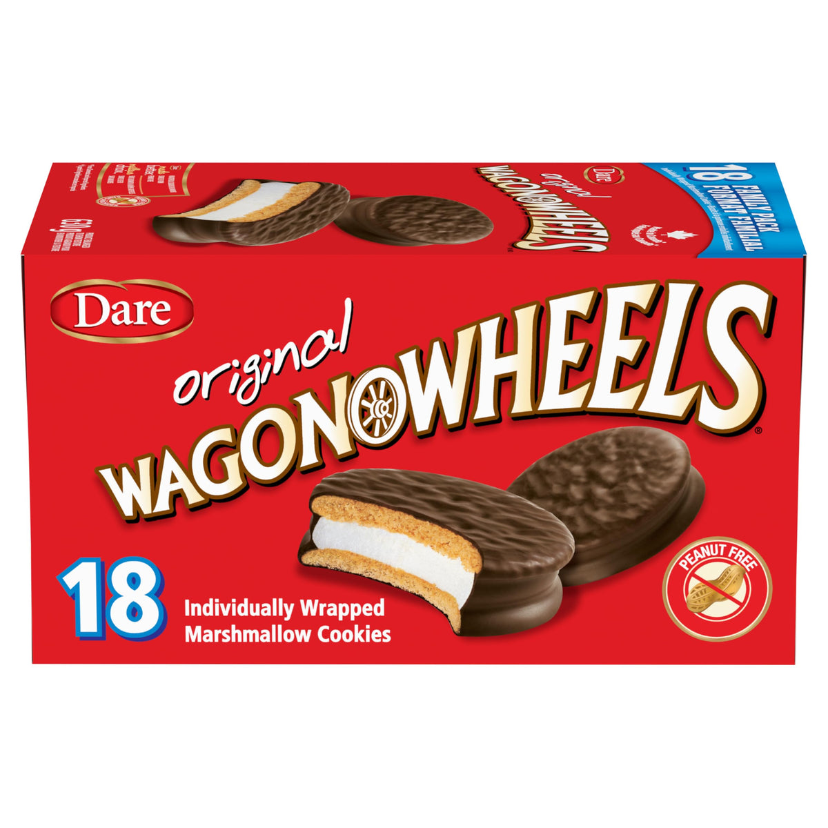 Wagon Wheels Original Cookies box with 18 individually wrapped snacks, peanut-free.