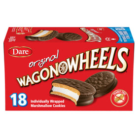 Wagon Wheels Original Cookies box with 18 individually wrapped snacks, peanut-free.