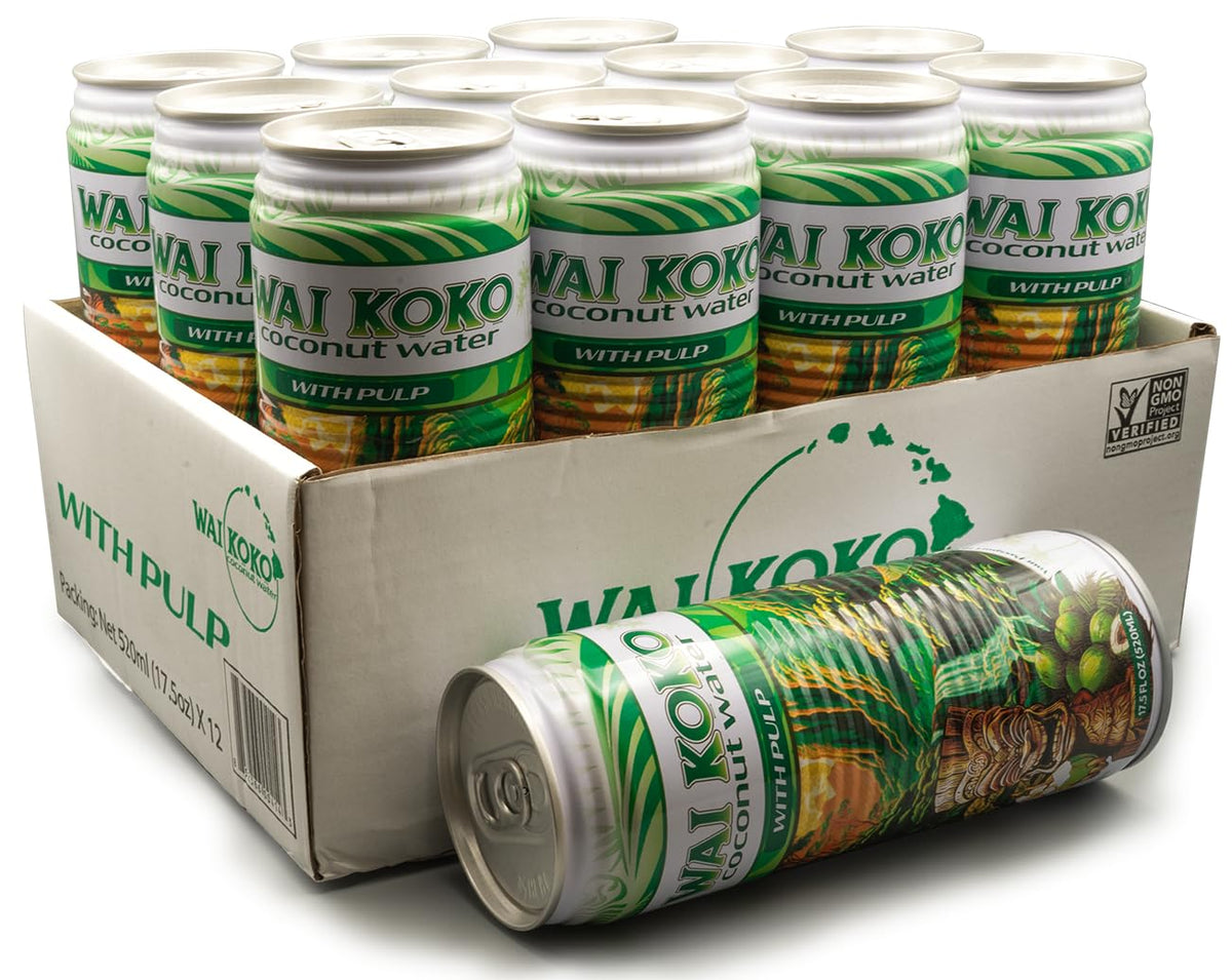 Wai Koko 12-pack coconut water cans, ideal for on-the-go hydration.