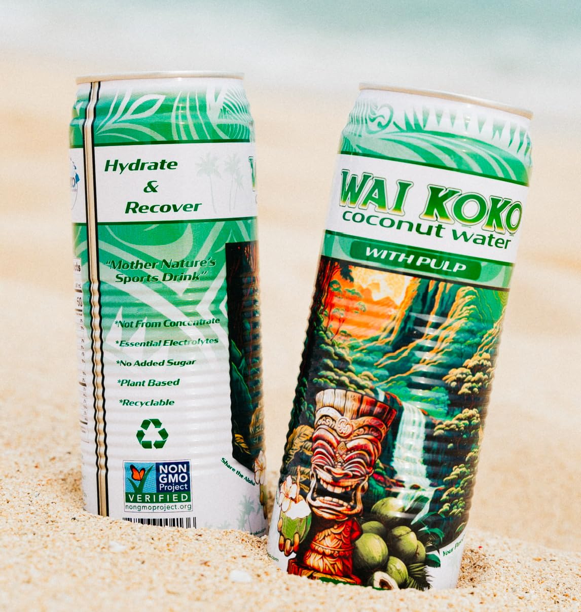 Wai Koko coconut water with pulp poured into glass, refreshing hydration.