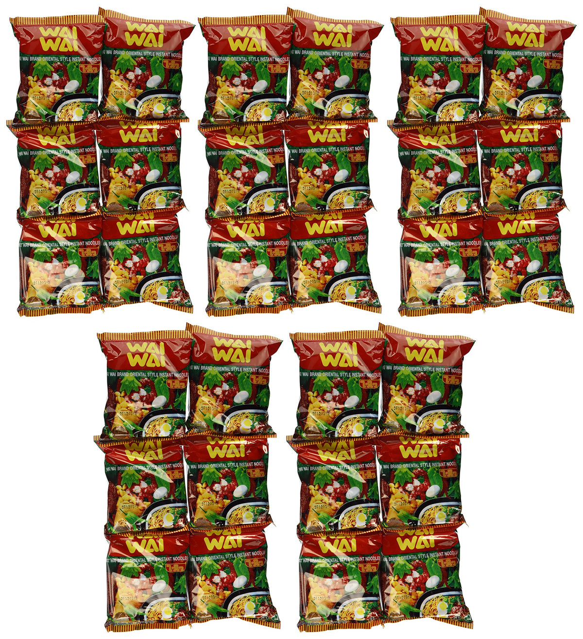 Wai Wai Oriental Style Noodle pack on shelf, convenient 30-pack ready-to-eat meals.