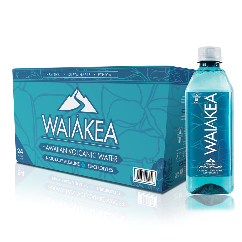 Waiākea bottle front label highlights mineral-rich hydration for balanced taste.