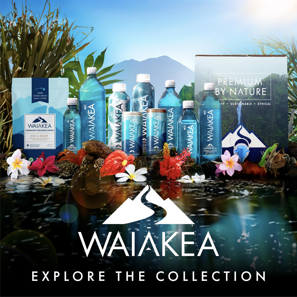 Waiakea Mauna Loa source depiction with volcanic filtration for mineral-rich hydration.