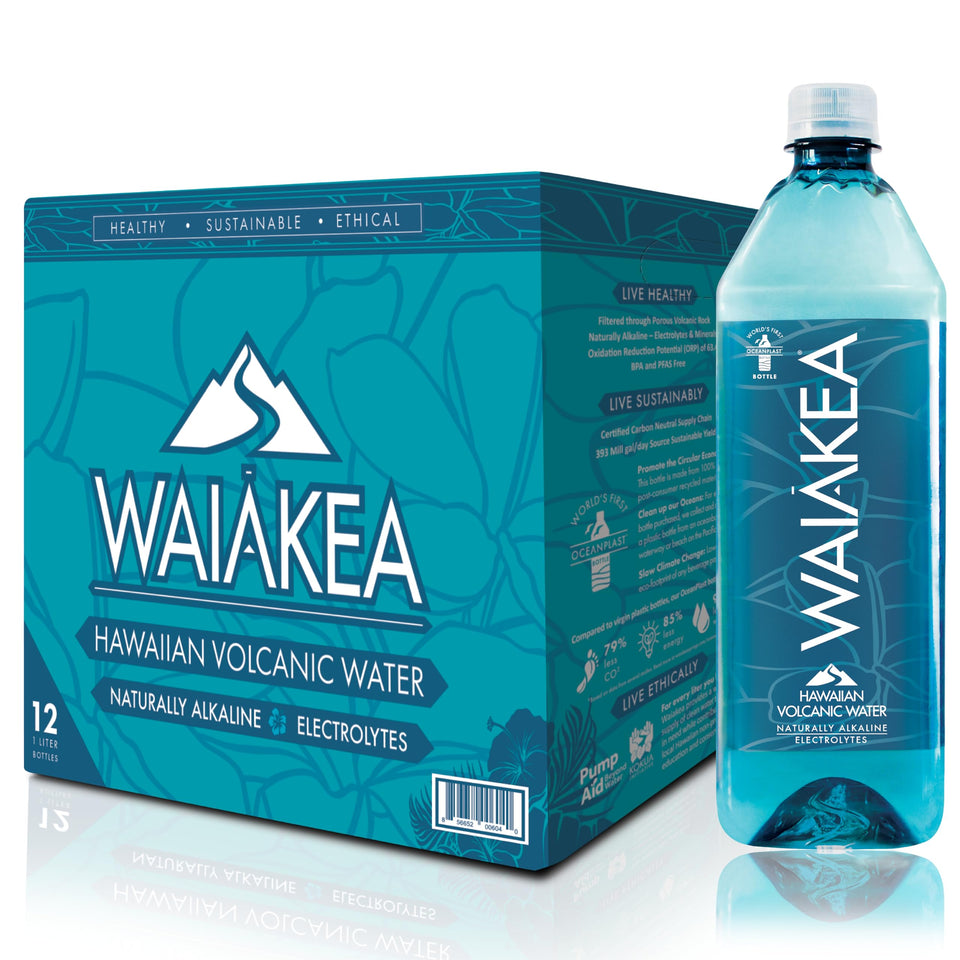 Waiakea pack of 12 1L bottles on display for convenient hydration.